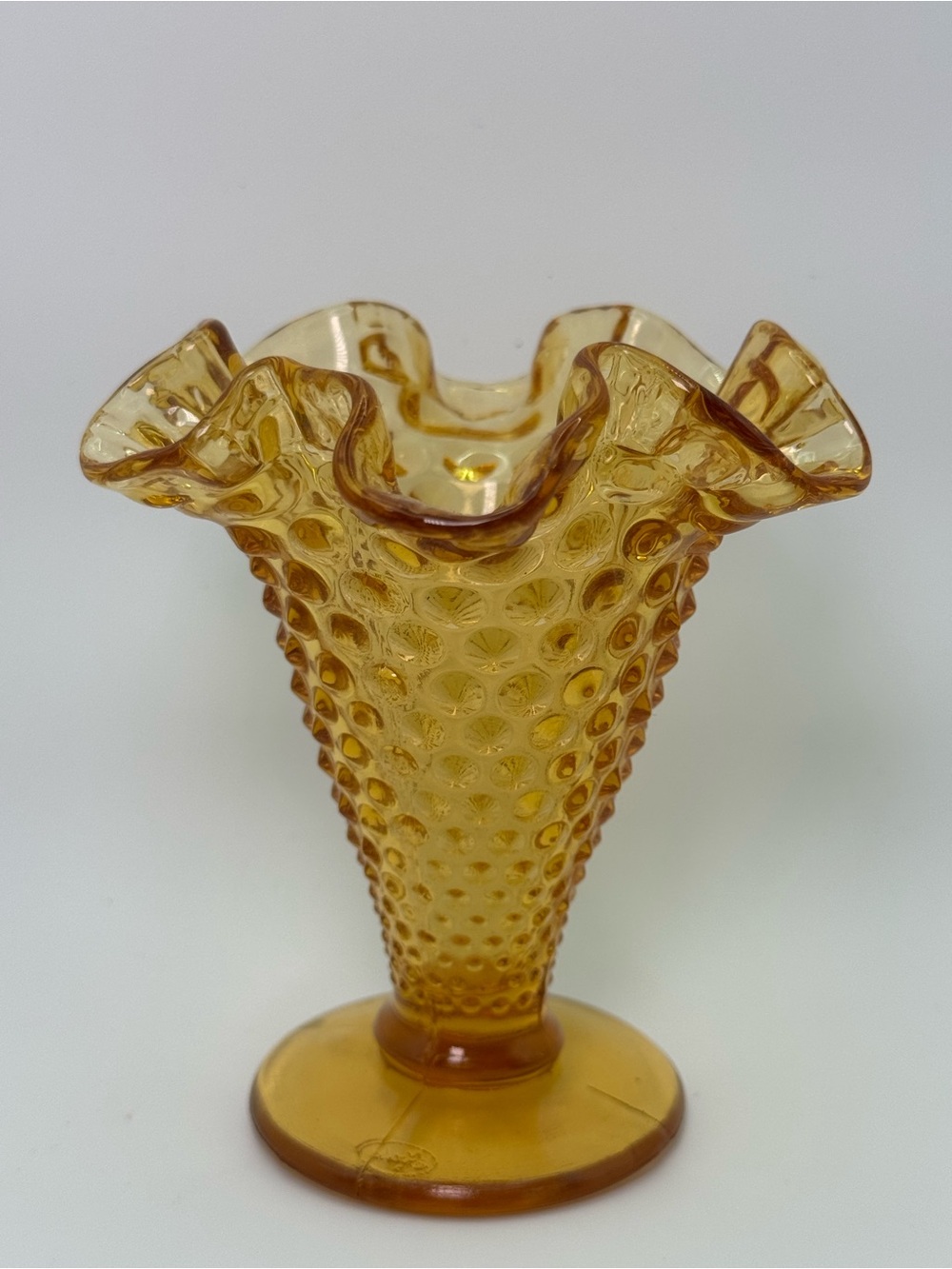 Vintage Fenton Amber Hobnail Mini Ruffled Vase Crimped Rim USA